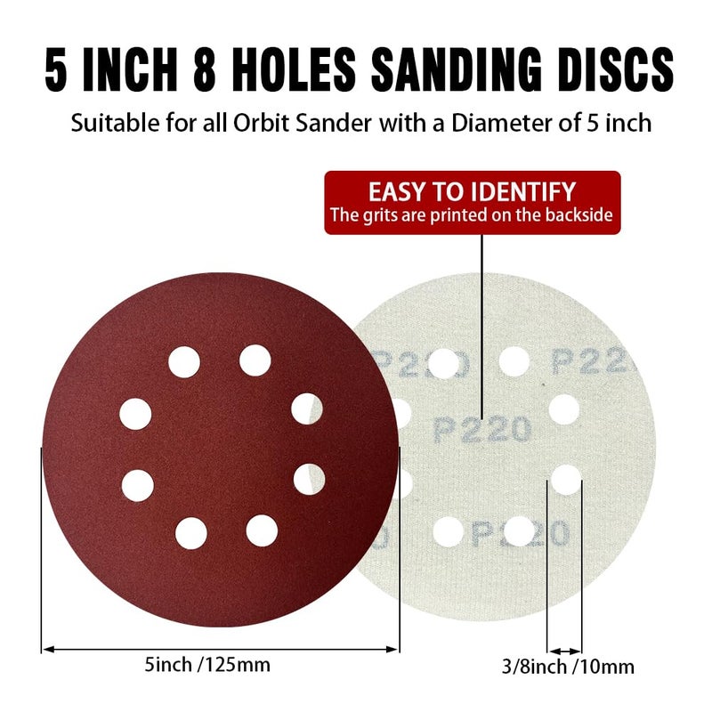 OUKEYA 5 Inch 8-Hole Hook and Loop Sanding Discs Sandpaper Red Round 220 Grits Sandpaper for Random Orbital Sander (220 Grit 52-Pack) - Image 2